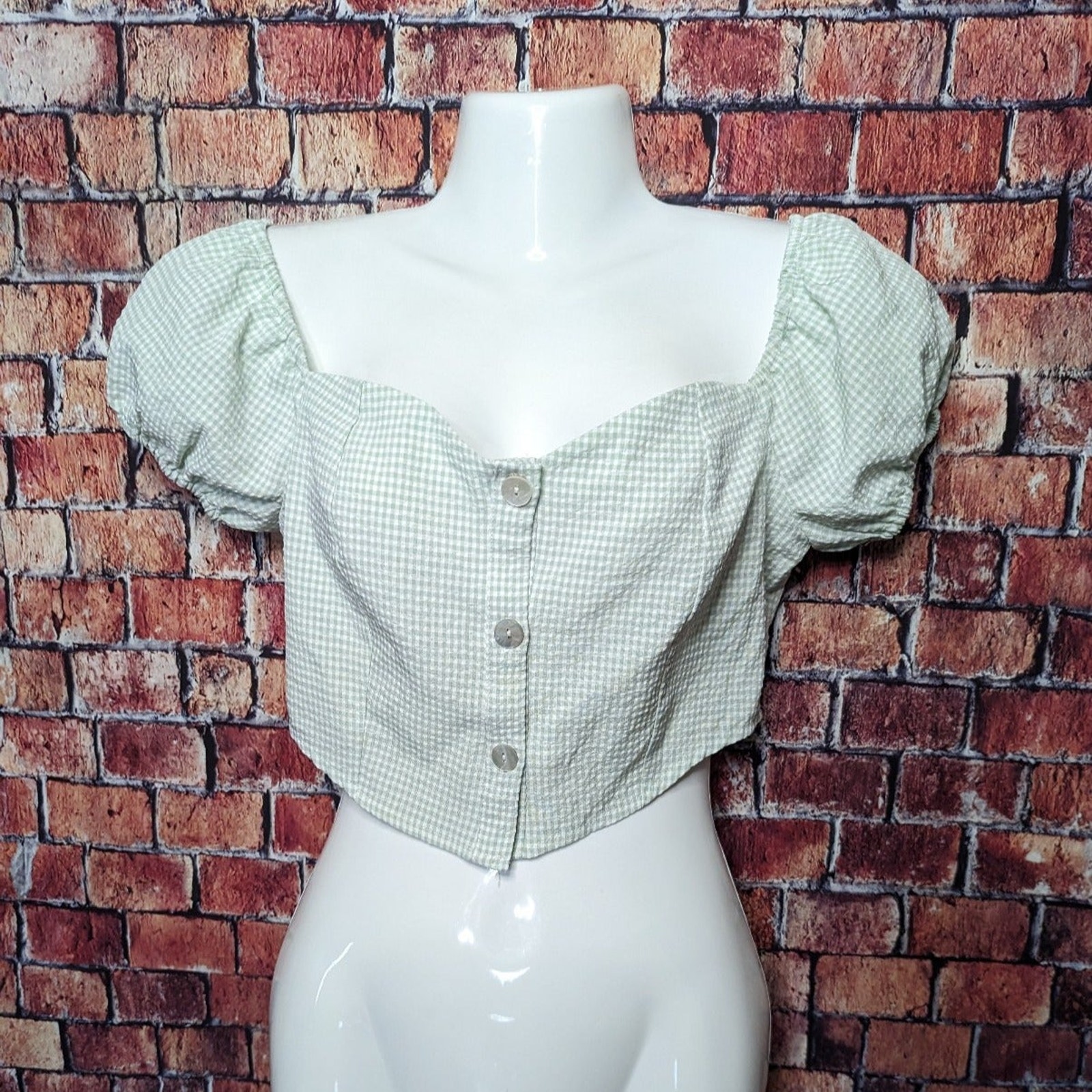 Nasty Gal Sage Green Gingham Puff Sleeve Crop Top Size 4